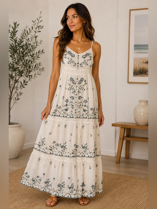 Lucky Brand Dresses & Skirts - Lucky Brand XS Embroidered Boho Maxi Dress Ivory Blue Floral Lace NWOT